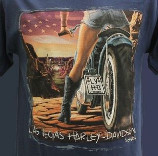 HARLEY DAVIDSON Las Vegas Dealer GIRL in BOOTY SHORTS T Shirt BLUE L
