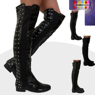 LADIES STUDDED FASHION WIDE CALF CHELSEA STRETCH KNEE HIGH BOOTS SIZE