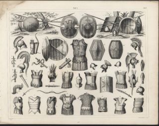 Armor Shields Spears Helmets c. 1850 Heck antique detailed engraving
