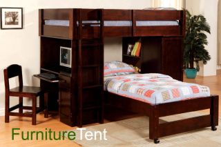 Walnut or Oak Junior Twin Loft Bunk Bed Set with Desk Chair Bookshelf