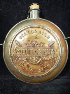 Pre Prohibition MONTEZUMA whiskey metal flask RARE J. Macguire