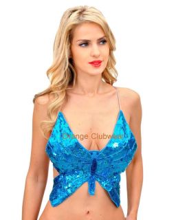 Rave Gogo Turquoise Sequin Butterfly Top Open Criss Cross Back Outfit
