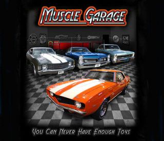 Chevrolet Muscle Car Garage BLACK Adult T shirt Camaro GTO Chevelle