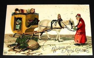 Santa Claus Embossed Horse Drawn Sleigh Rare Vintage Christmas