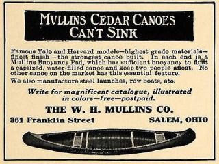 1912 Ad W. H. Mullins Harvard Yale Cedar Canoe Models   ORIGINAL