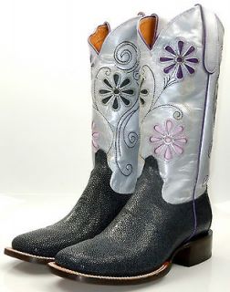 Lucchese M3826 Womens Cowboy Boots Gray Shaved Stingray Vamp Floral