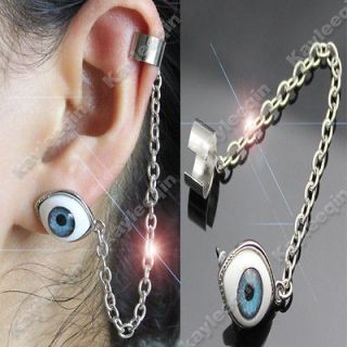 Eye Silver Ear Cuff Stud Clip Chain Earrings Goth Punk Emo Fancy Dress