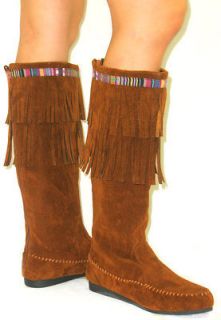 Cherokee Indian Suede Moccasin*Tall Fringe Tassel Flat Boot* Knee High