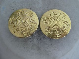 Estate Costume Ethnic Aztec Gold Tone Disc Earrings