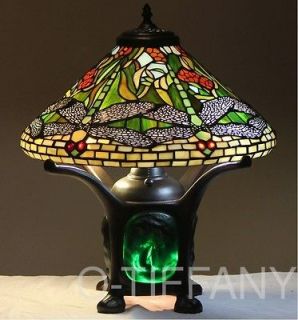 Tiffany Sty Stained Glass Lamp Dragonfly w/ Turtle Back Lit Base