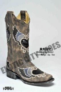Corral Womens Square Toe Cowboy Western Boots Black Grey Heart & Wing