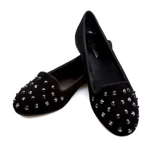 Edgy Stylish Pewter Spike Studs Suede Comfortable Loafer Flat BlK