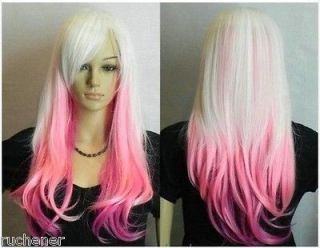 New White Mixed Pink Long wavy Cosplay womens human made hair wig+cap