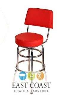 Red Retro Style Bar Stool with Double Chrome Ring and Seat Back (New)