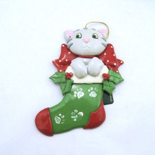 Large Polymer Clay Winter Christmas Cat Stocking Ornament Pendant