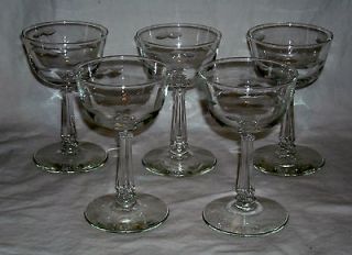Vintage 5 Tall Sherbert / Wine Glasses Etched Leaves & Stem Elegant