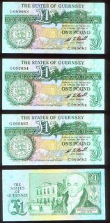 GUERNSEY THREE CONSECUTIVE GEM UNC £ 1 ( ONE POUND ) BANK NOTES