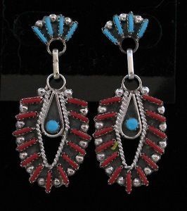 Zuni Indian Earrings Coral & Turquoise Needle Point Sterling Silver
