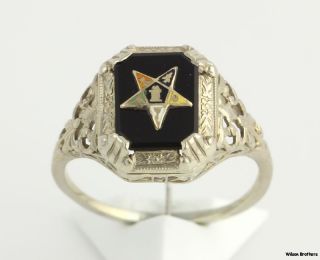 Vintage Order of the Eastern Star Onyx Ring   14k White Gold OES c