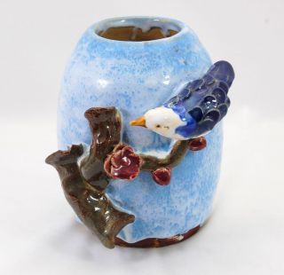 Mann MM Studio Art Pottery Applied Bird Vase Sky Blue