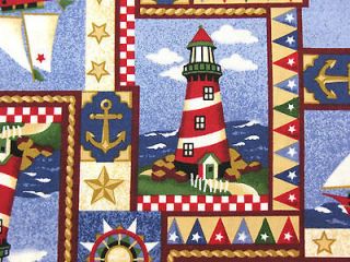 Nautical Patch Print Lighthouse Sailboat Anchor Ropes Cotton Fabric