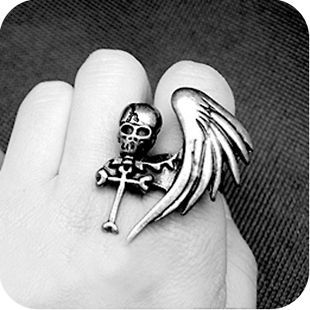 ARCYLIC WING SKULL CRYSTAL ADJUSTABLE DOUBLE TWO FINGER RING #7.5