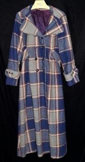 Eastland Blue Gray & Red Plaid Wool Womans Hooded Floor Length Coat Sz