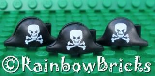 3x Black LEGO Bicorne Pirate Hat with Skull & Crossbones Pattern   New