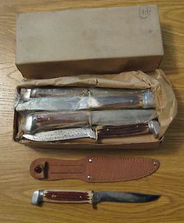 NOS FIXED BLADE STAG STYLE HUNTING KNIVES WITH LEATHER SHEATH ~ JAPAN