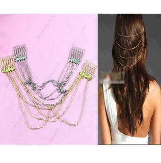 New Occident Fashion Elegant Womans Long Tassel Chains Cuff Hair Combs