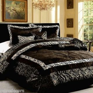 Luxury Faux Fur Safarina Black&White Queen Comforters Set with Curtain