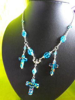 Crucifx CROSS Millefiori glass necklace blue #28 hand made UK seller