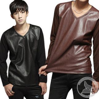 Mens Leather T shirt Long sleeved V neck Design Vintage Brown/Black