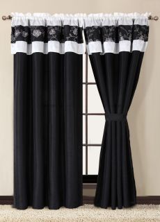 Silk Embroidery Flowers Black White Curtain Set Ava Bed in Bag Bedding