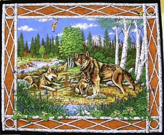 Wolves in the Wild Birch Tree Border Large Fabric Panel