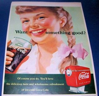 Coca Cola COKE Ad~pigtail girl drinks a glass~red fountain dispenser