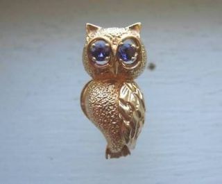 14K Solid Gold Amethyst Eyes Owl Bird Pin Brooch 5.2 Grams
