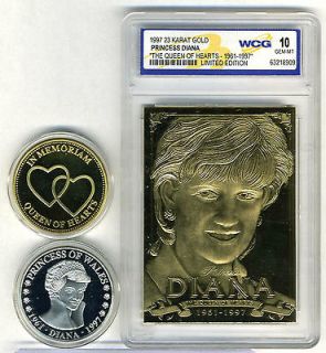 PRINCESS DIANA 23 KT GOLD CARD & COIN, THE QUEEN OF HEARTS GEM MT 10