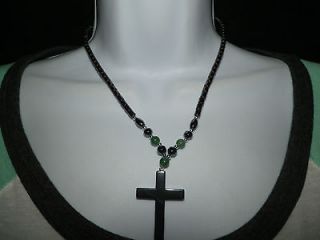 Hematine Cross Shape Accented With Green Beads Necklace  18 Inches