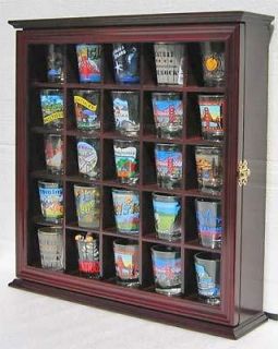25 Shot Glass Display Case Wall Rack Holder Cabinet, Fancy Glass Door