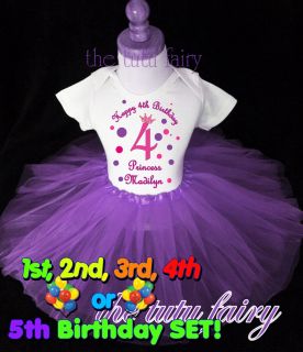 purple pink crown birthday princess shirt & tutu set outfit name age