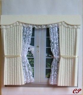 DOLLS HOUSE CURTAINS CREAM OUTSIDE BAY WINDOW TIED NETS