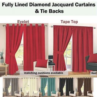 Lined Jacquard Diamond Detail Curtains + Ties in 11 Sizes & 6 Colours