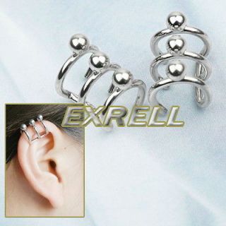 Pair Silver Tone Steel Ear Clip Cuff Ring Triple Helix Earrings Unisex