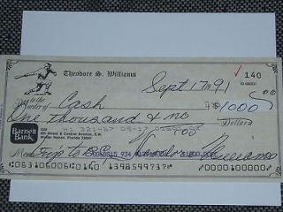 TED WILLIAMS dual signed autographed personal check, 2 signatures; COA