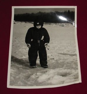 Great Vintage 8 x 10 Glossy B&W Cute Youngster ICE FISHING Boy Snow