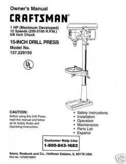 Craftsman 15  DRILL PRESS Manual Model 137.229150