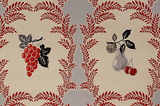 1930s Vintage Wallpaper Red and Black Grapes Cherries and Gray Pear
