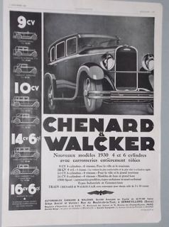 1929 FRENCH AD FOR 1930 CHENARD & WALCKER AUTOMOBILE RIGHT HAND DRIVE