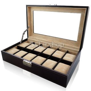 12 Brown Leather Mens Watch Box Display Case Organizer Glass Top